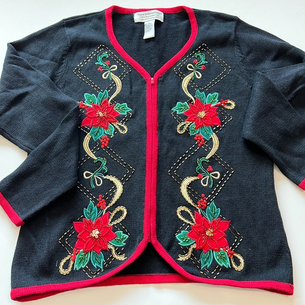 Tiara International‎ - poinsettia cardigan, Xmas collection, L